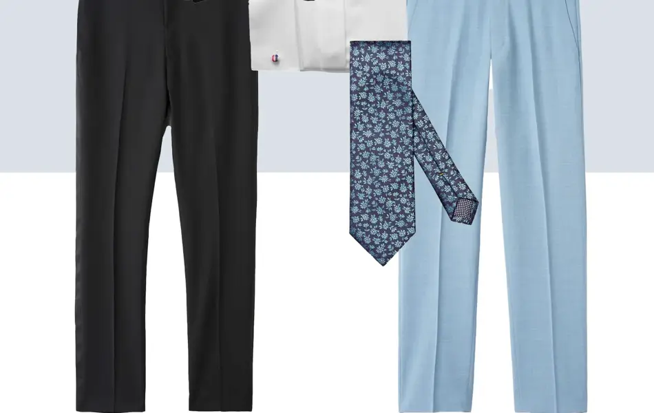 Sort smokingjakke og bukse, sløyfe, hvit skjorte, lys blå dressjakke og bukse, blått mønstret slips.