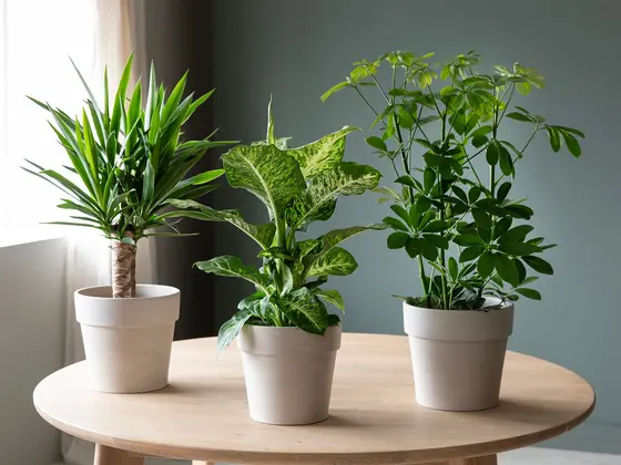 Tre potter med Yucca, Schefflera og Dieffenbachia som står på et bord inne.