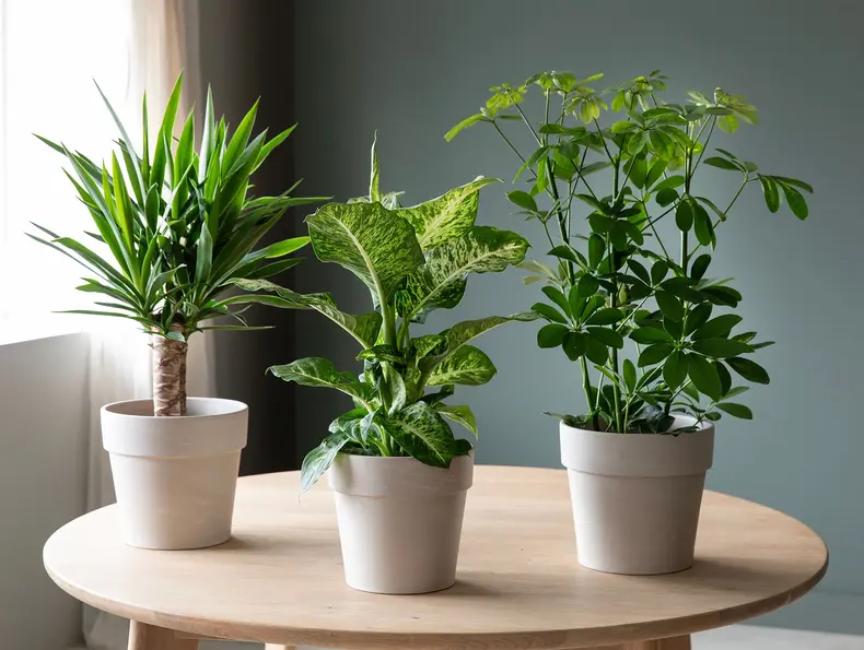 Tre potter med Yucca, Schefflera og Dieffenbachia som står på et bord inne.