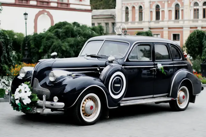 Vintage wedding car in Odessa, Ukraine.