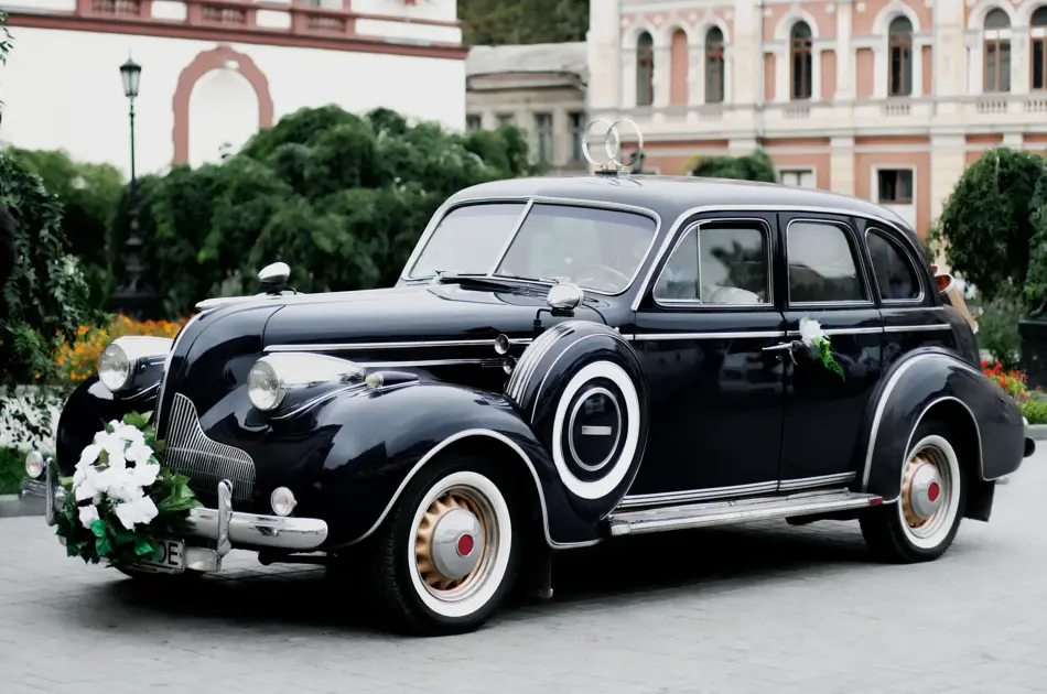 Vintage wedding car in Odessa, Ukraine.