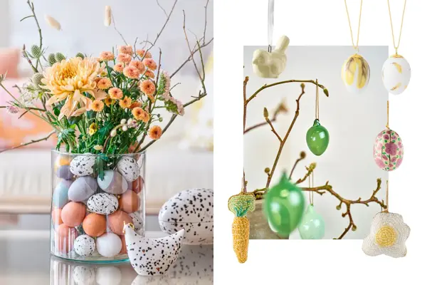 Vase med pynteegg og blomster, påskepynt, grener med grønne glassegg.