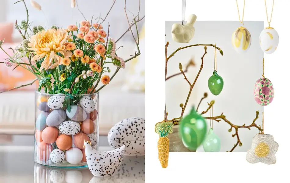Vase med pynteegg og blomster, påskepynt, grener med grønne glassegg.