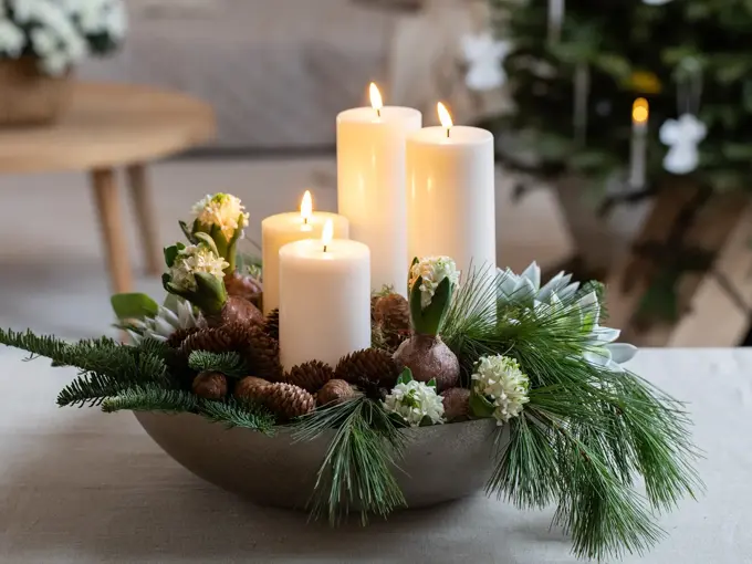 Bolle med svibler, kubbelys, grønne grener og kongler