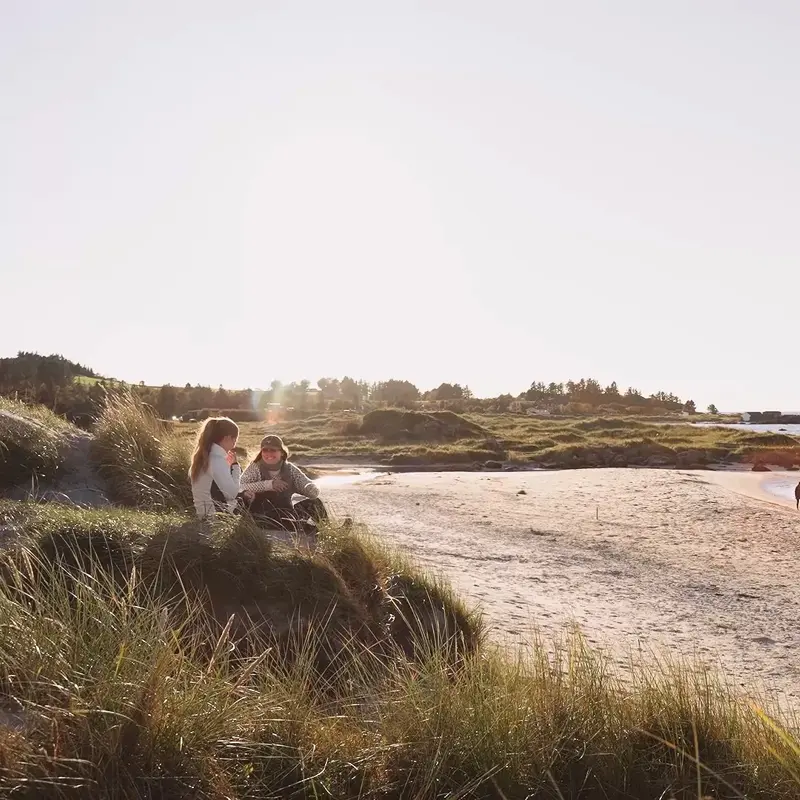 To kvinner sitter på vollen ved ei strand.