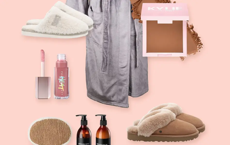 Kollasj med julegavetips med velværeprodukter