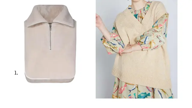 produktbilde av vest og utsnitt av dame i vest