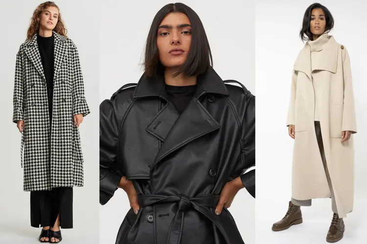 HØSTNYHETER: Du vil komme til å lengte etter kjøligere temperaturer. Her en frakk med hundetannmønster fra Gina Tricot, kr 1199,- / Trenchcoat i skinnimitasjon fra H&M, kr 799,- / Camilla Pihl kåpe fra For Women, kr 5500,-