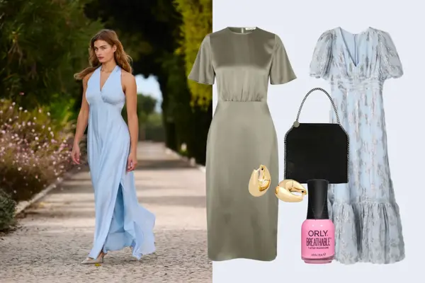 Dame i lang lyse blå kjole, mosegrønn satengkjole, gull øredobber, rosa neglelakk, sort veske, lang lyseblå kjole med sølv detaljer.