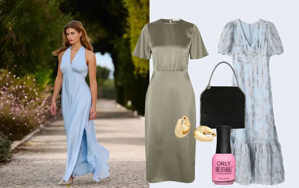 Dame i lang lyse blå kjole, mosegrønn satengkjole, gull øredobber, rosa neglelakk, sort veske, lang lyseblå kjole med sølv detaljer.