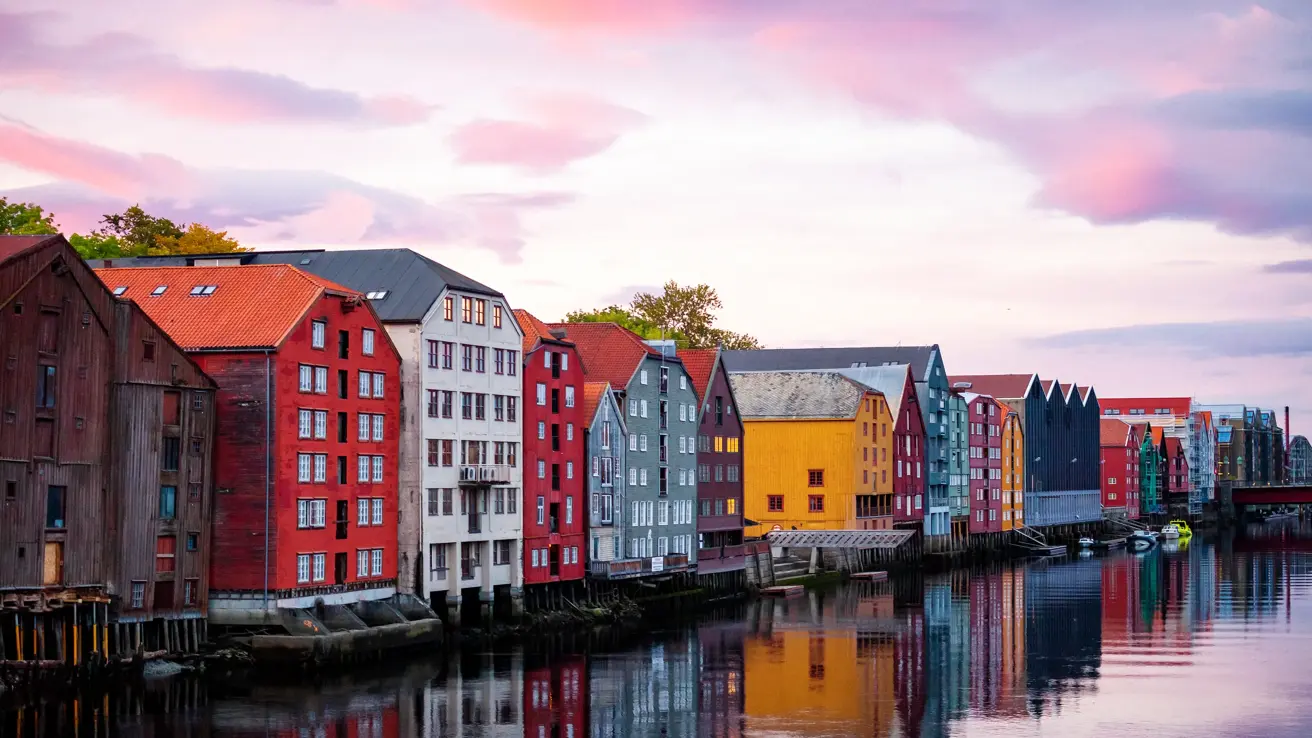 Trondheim view at sunset time from Old Town Bridge.
Norway