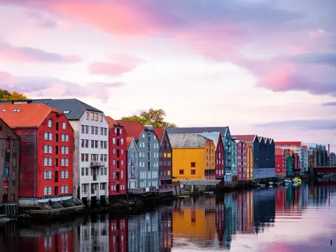 Trondheim view at sunset time from Old Town Bridge.
Norway