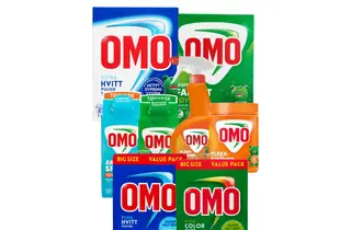 Utvalg av vaskemidler og flekkfjernere fra OMO.