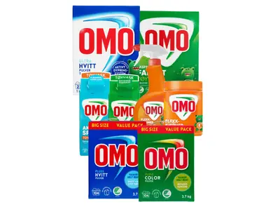 Utvalg av vaskemidler og flekkfjernere fra OMO.