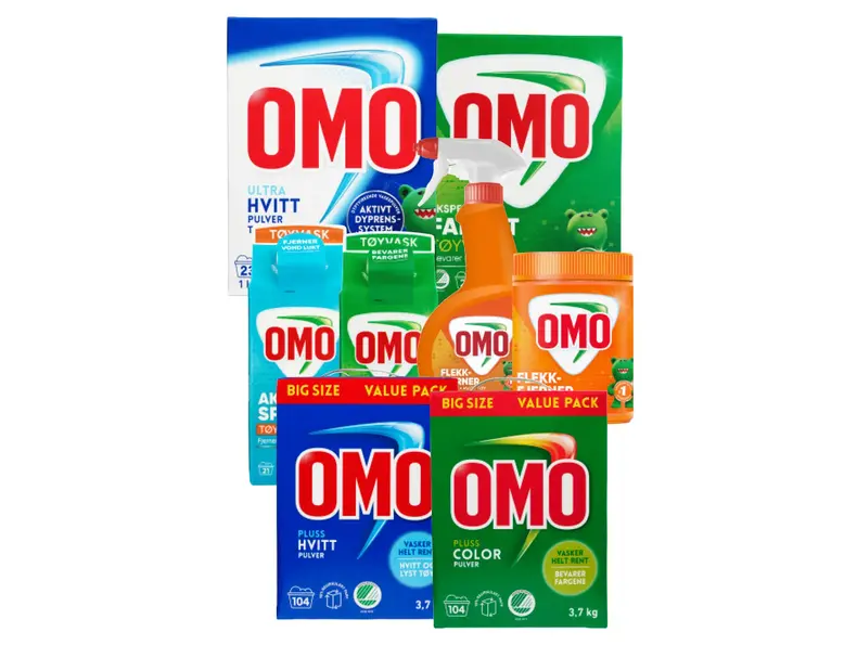 Utvalg av vaskemidler og flekkfjernere fra OMO.