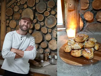 kollasj av et bilde av steffen johansen og kanelsnurrer på et serveringsbrett