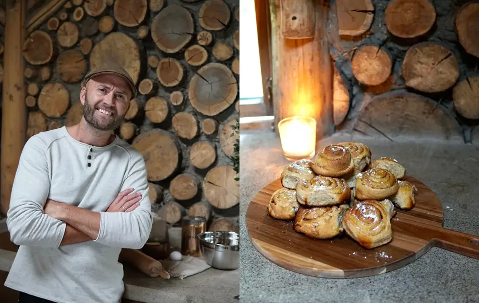 kollasj av et bilde av steffen johansen og kanelsnurrer på et serveringsbrett