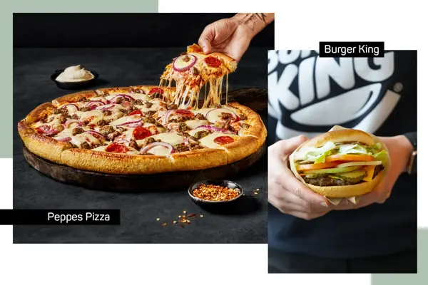 Pizza fra Peppes og hender som holder burger fra Burger King