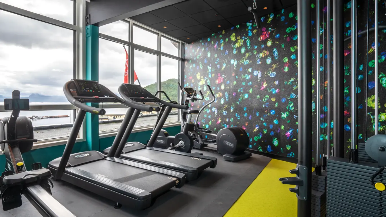 Turkis vegg, speil på veggen, vinduer fra gulv til tak, svart og gult gulv, romaskin og tredemøller.