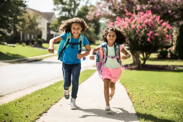 Young girls running outside wearing backpacks