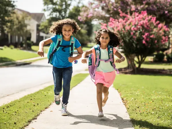 Young girls running outside wearing backpacks