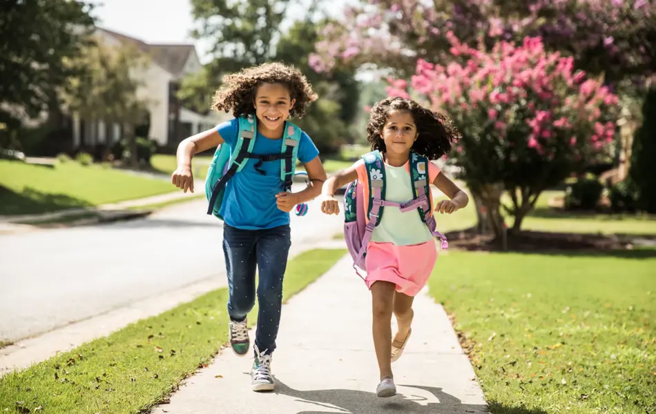 Young girls running outside wearing backpacks