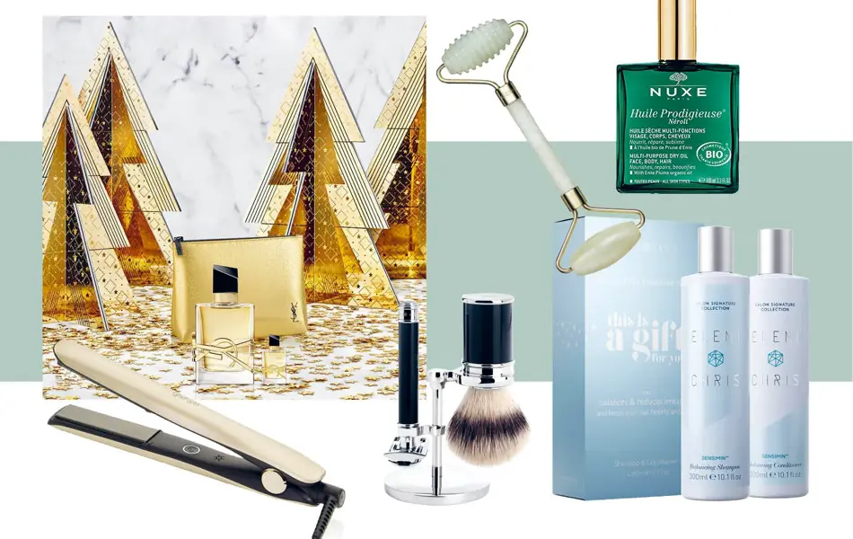 Miljøbilde av YSL parfyme og produktbilder av rettetang, barbersett, jaderoller, Nuxe olje og gavesett med shampoo og blasam.