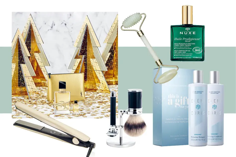 Miljøbilde av YSL parfyme og produktbilder av rettetang, barbersett, jaderoller, Nuxe olje og gavesett med shampoo og blasam.