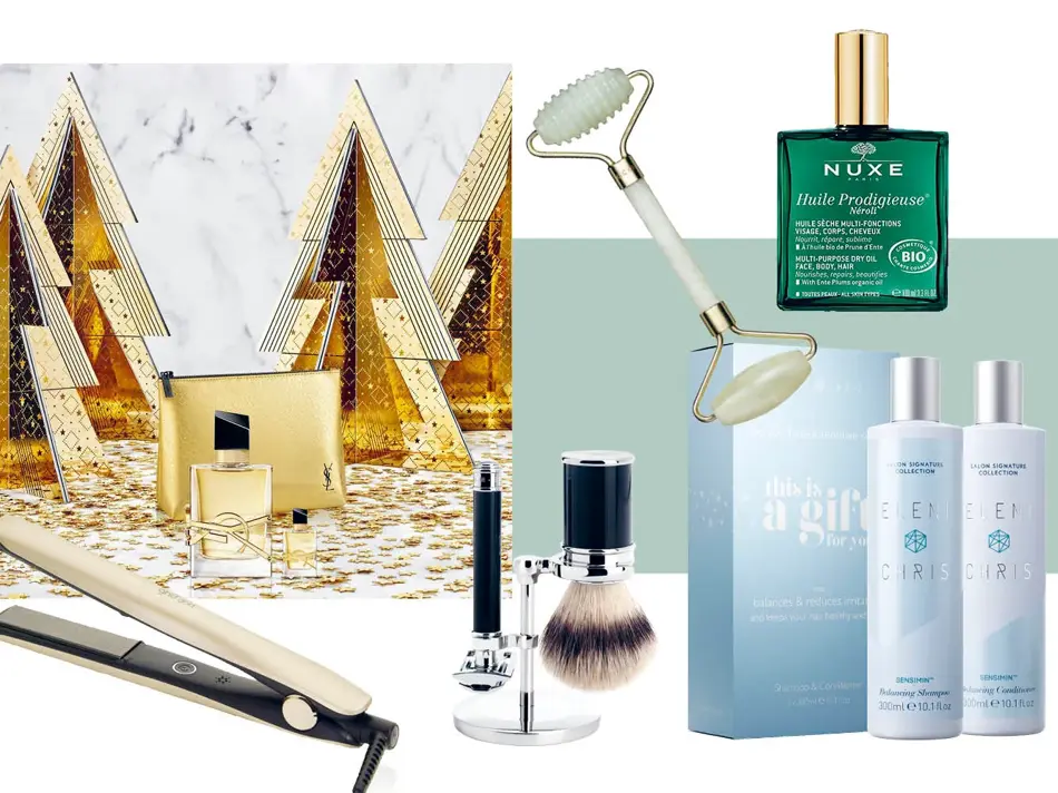 Miljøbilde av YSL parfyme og produktbilder av rettetang, barbersett, jaderoller, Nuxe olje og gavesett med shampoo og blasam.