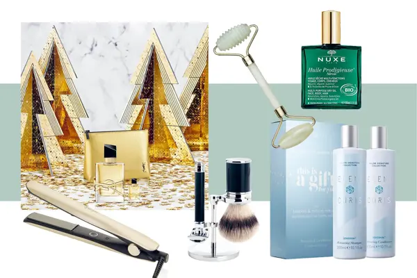 Miljøbilde av YSL parfyme og produktbilder av rettetang, barbersett, jaderoller, Nuxe olje og gavesett med shampoo og blasam.