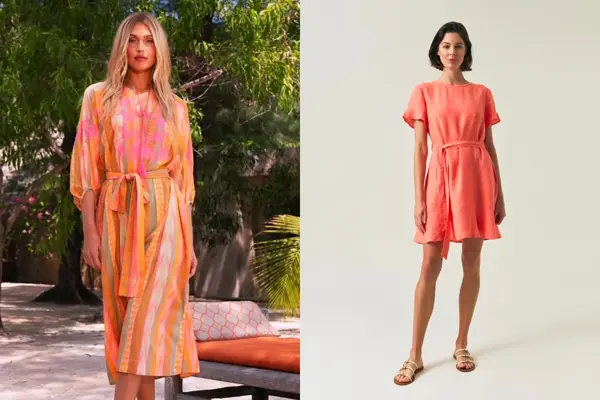 Dame i mønstret kjole i rosa, orange og aprikos. Dame i kort linkjole i fersken farge.