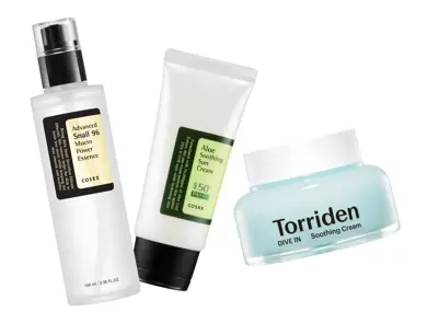 Utvalg av hudpleieprodukter fra COSRX og Torriden.