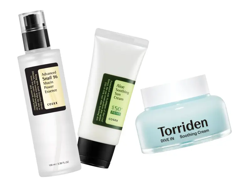 Utvalg av hudpleieprodukter fra COSRX og Torriden.