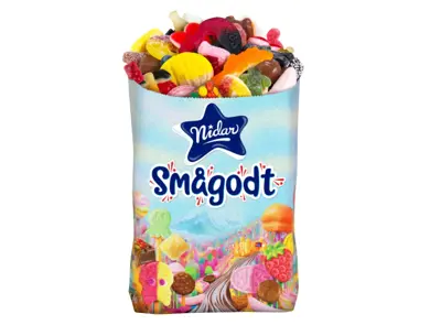 En pose fylt med smågodt fra Nidar.
