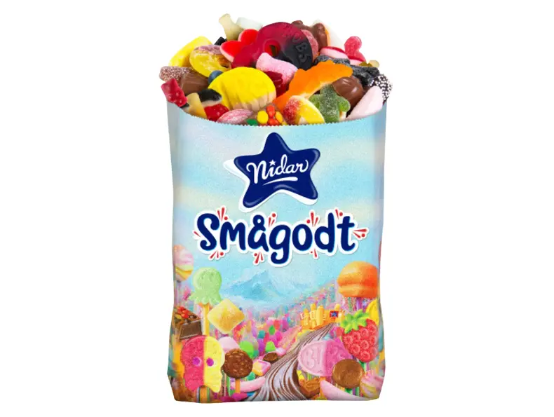 En pose fylt med smågodt fra Nidar.
