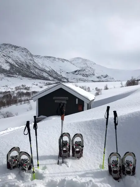 truger i snø foran hytte i snødekt landskap