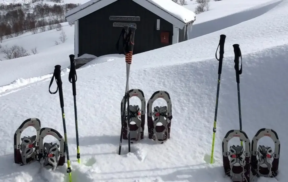 truger i snø foran hytte i snødekt landskap