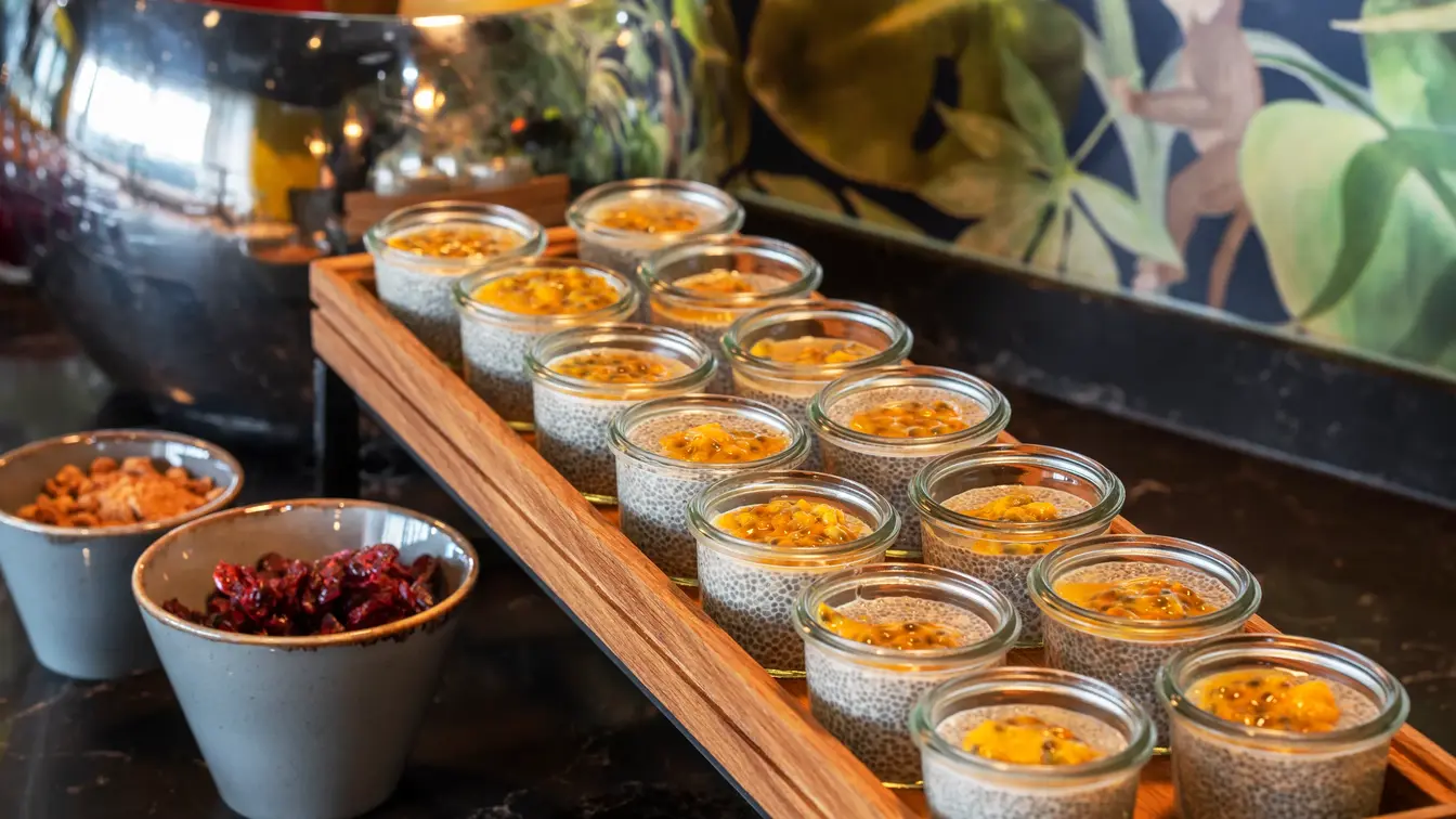Pausesnack, chiapudding i små glass. 