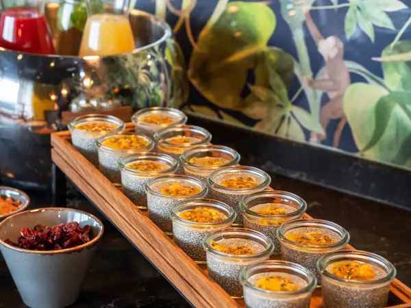 Pausesnack, chiapudding i små glass. 