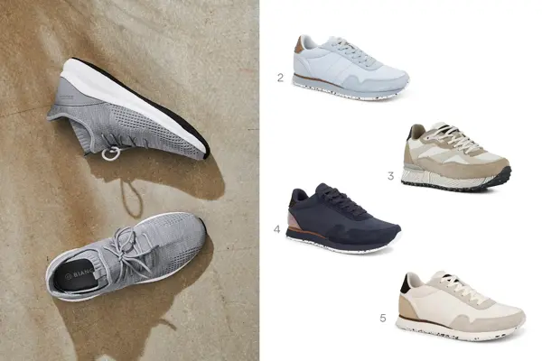 kollasj av miljøbilde og 4 produktbilder av joggesko
