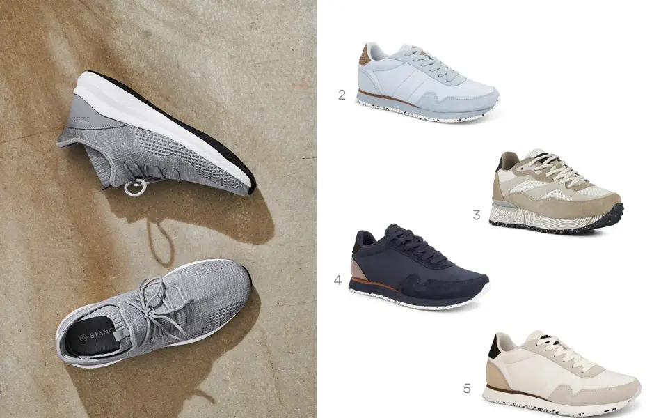 kollasj av miljøbilde og 4 produktbilder av joggesko