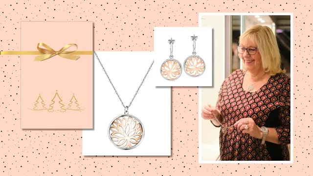 Kollasj av håndmodell med klokke og armbånd, og produktbilder av 2 armbånd og gullklokke