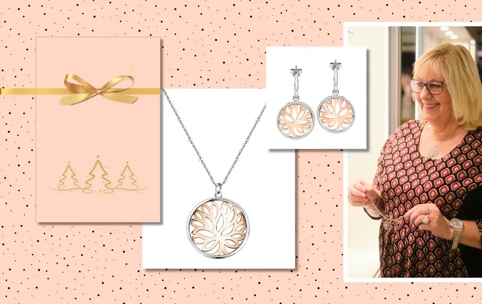 Kollasj av håndmodell med klokke og armbånd, og produktbilder av 2 armbånd og gullklokke