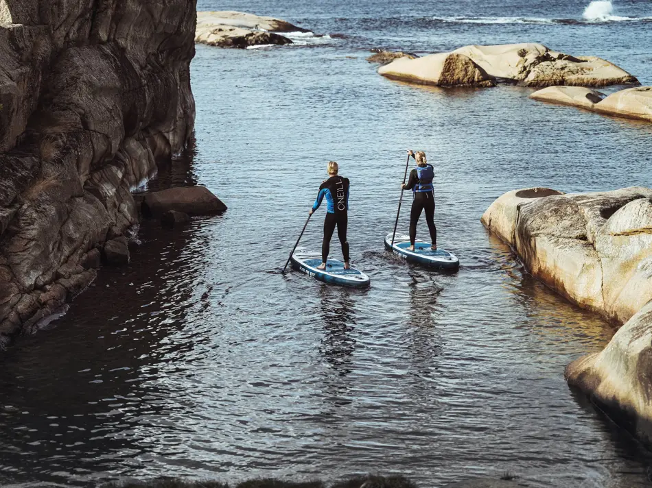 To personer på hvert sitt SUP-brett på vannet