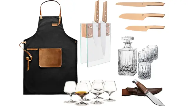 kollasj av forskjellige produkter: forkle, kniver, konjakkglass