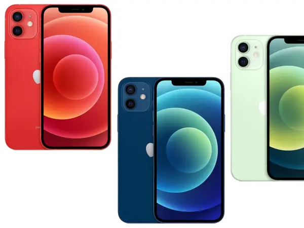 kollasj av 3 stk produktbilder av blå, rød og hvit iphone 12
