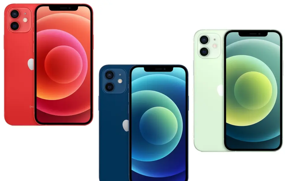 kollasj av 3 stk produktbilder av blå, rød og hvit iphone 12