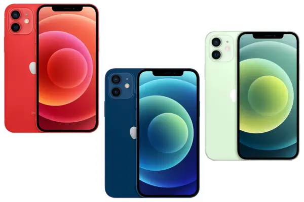 kollasj av 3 stk produktbilder av blå, rød og hvit iphone 12