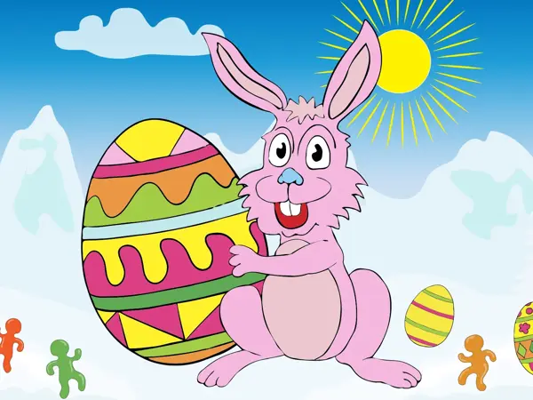 Illustrasjon av rosa påskehare på påskefjellet sammen med påskeegg og seigmenn