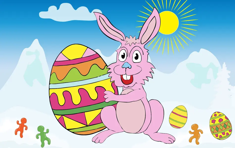 Illustrasjon av rosa påskehare på påskefjellet sammen med påskeegg og seigmenn